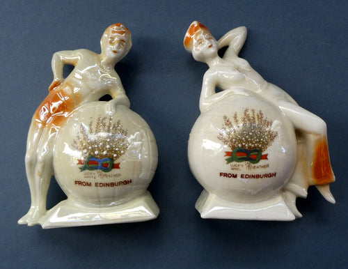 1920s GERMAN Souvenirs. PAIR of Bathing Belles Lucky White Heather Ware Figurines EDINBURGH Location