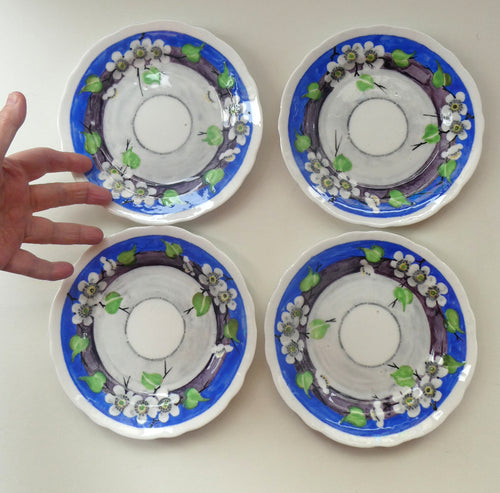 SET OF FOUR 1920s Mak Merry Hand-Painted Dessert Plates. Blue Background with Prunus Flowers. 7 inches