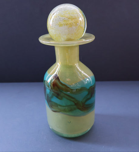 Vintage MDINA Maltese Glass Sand & Sea Slim Bottle Vase with Large Ball Glass Stopper. Signed 