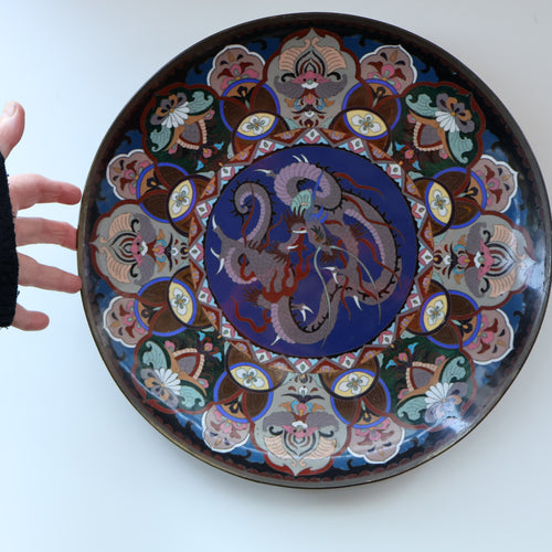 Large Antique Cloisonne Charger. Decorated with a Swirling Dragon and Intricate Decorative Border