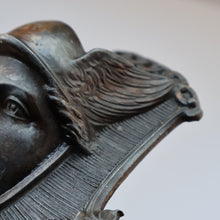 Load image into Gallery viewer, Strange Antique German Wall Pocket Match Holder. Cast Iron with Head of a Valkyrie 
