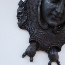 Load image into Gallery viewer, Strange Antique German Wall Pocket Match Holder. Cast Iron with Head of a Valkyrie 
