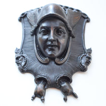 Load image into Gallery viewer, Strange Antique German Wall Pocket Match Holder. Cast Iron with Head of a Valkyrie 
