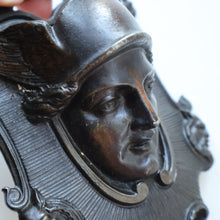 Load image into Gallery viewer, Strange Antique German Wall Pocket Match Holder. Cast Iron with Head of a Valkyrie 
