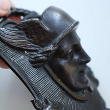 Load image into Gallery viewer, Strange Antique German Wall Pocket Match Holder. Cast Iron with Head of a Valkyrie 
