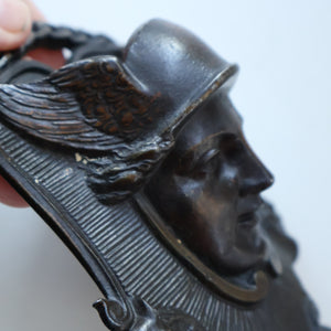 Strange Antique German Wall Pocket Match Holder. Cast Iron with Head of a Valkyrie 