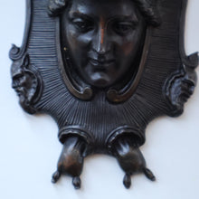 Load image into Gallery viewer, Strange Antique German Wall Pocket Match Holder. Cast Iron with Head of a Valkyrie 
