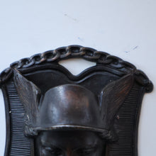 Load image into Gallery viewer, Strange Antique German Wall Pocket Match Holder. Cast Iron with Head of a Valkyrie 
