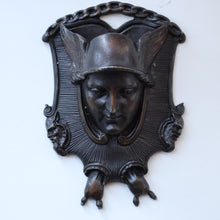 Load image into Gallery viewer, Strange Antique German Wall Pocket Match Holder. Cast Iron with Head of a Valkyrie 
