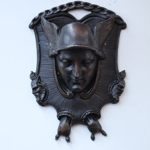 Strange Antique German Wall Pocket Match Holder. Cast Iron with Head of a Valkyrie 