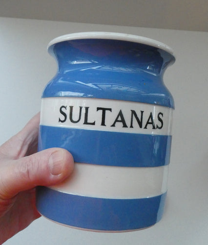 1930s TG Green CORNISHWARE Lidded Storage Jar for SULTANAS: 5 Inches in Height. Church Gresley Mark