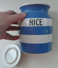 Load image into Gallery viewer, 1930s TG Green CORNISHWARE Lidded Storage Jar for RICE: 7 Inches in Height. Green Gresley Church Mark
