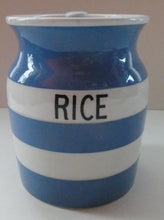 Load image into Gallery viewer, 1930s TG Green CORNISHWARE Lidded Storage Jar for RICE: 7 Inches in Height. Green Gresley Church Mark
