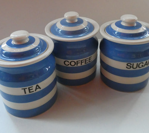 Vintage 1980s TG Green CORNISHWARE Three Stoage Jars: Tea, Coffee and Sugar. CLOVERLEAF MARK