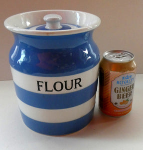 LARGE 1930s TG Green CORNISHWARE Lidded Storage Jar for FLOUR: 7 Inches in Height. Black Shield Mark