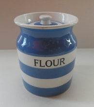 Load image into Gallery viewer, LARGE 1930s TG Green CORNISHWARE Lidded Storage Jar for FLOUR: 7 Inches in Height. Black Shield Mark
