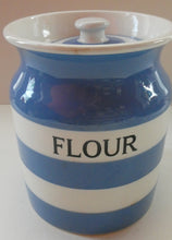 Load image into Gallery viewer, LARGE 1930s TG Green CORNISHWARE Lidded Storage Jar for FLOUR: 7 Inches in Height. Black Shield Mark
