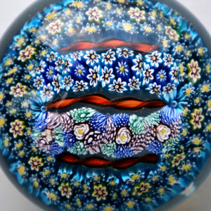 Fine MAGNUM Vintage MURANO Closepack Paperweight with Intricate Millefiori Canes and Three Long Red Latticino Canes