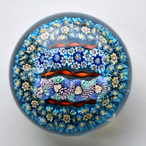 Fine MAGNUM Vintage MURANO Closepack Paperweight with Intricate Millefiori Canes and Three Long Red Latticino Canes