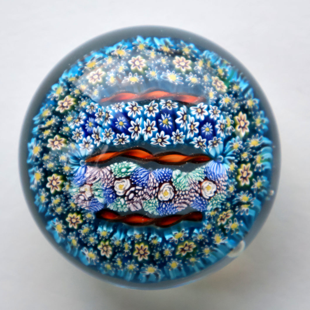 Fine MAGNUM Vintage MURANO Closepack Paperweight with Intricate Millefiori Canes and Three Long Red Latticino Canes