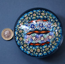 Load image into Gallery viewer, Fine MAGNUM Vintage MURANO Closepack Paperweight with Intricate Millefiori Canes and Three Long Red Latticino Canes
