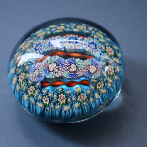 Fine MAGNUM Vintage MURANO Closepack Paperweight with Intricate Millefiori Canes and Three Long Red Latticino Canes