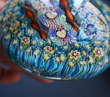 Load image into Gallery viewer, Fine MAGNUM Vintage MURANO Closepack Paperweight with Intricate Millefiori Canes and Three Long Red Latticino Canes
