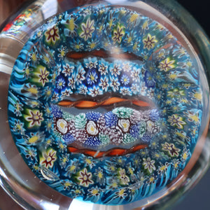 Fine MAGNUM Vintage MURANO Closepack Paperweight with Intricate Millefiori Canes and Three Long Red Latticino Canes