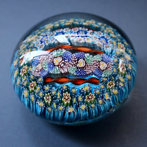 Fine MAGNUM Vintage MURANO Closepack Paperweight with Intricate Millefiori Canes and Three Long Red Latticino Canes