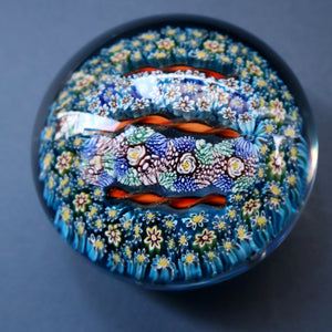 Fine MAGNUM Vintage MURANO Closepack Paperweight with Intricate Millefiori Canes and Three Long Red Latticino Canes