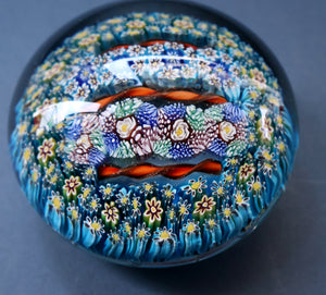 Fine MAGNUM Vintage MURANO Closepack Paperweight with Intricate Millefiori Canes and Three Long Red Latticino Canes