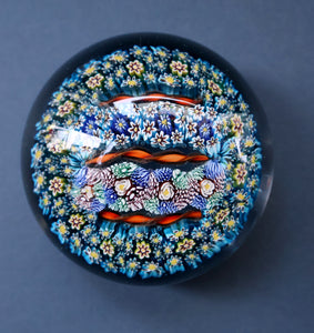 Fine MAGNUM Vintage MURANO Closepack Paperweight with Intricate Millefiori Canes and Three Long Red Latticino Canes