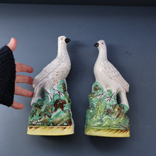 Load image into Gallery viewer, PAIR of Antique 1870s STAFFORDSHIRE Chimney Ornaments of Birds Perched on Mossy Banks
