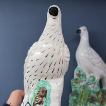 Load image into Gallery viewer, PAIR of Antique 1870s STAFFORDSHIRE Chimney Ornaments of Birds Perched on Mossy Banks
