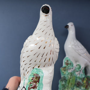 PAIR of Antique 1870s STAFFORDSHIRE Chimney Ornaments of Birds Perched on Mossy Banks