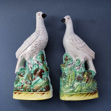 Load image into Gallery viewer, PAIR of Antique 1870s STAFFORDSHIRE Chimney Ornaments of Birds Perched on Mossy Banks
