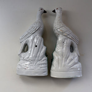 PAIR of Antique 1870s STAFFORDSHIRE Chimney Ornaments of Birds Perched on Mossy Banks