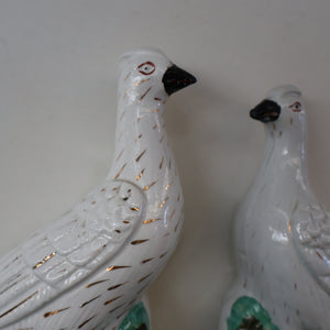 PAIR of Antique 1870s STAFFORDSHIRE Chimney Ornaments of Birds Perched on Mossy Banks