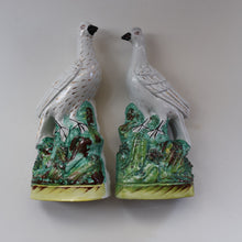 Load image into Gallery viewer, PAIR of Antique 1870s STAFFORDSHIRE Chimney Ornaments of Birds Perched on Mossy Banks
