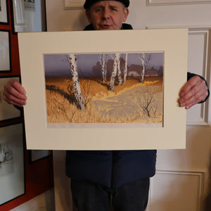 1930s Original German COLOUR WOODCUT "Silver Birches in the Twilight" by Oscar Droege. Pencil Signed