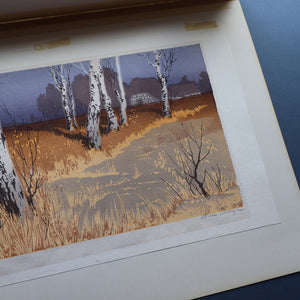 1930s Original German COLOUR WOODCUT "Silver Birches in the Twilight" by Oscar Droege. Pencil Signed