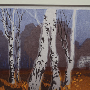 1930s Original German COLOUR WOODCUT "Silver Birches in the Twilight" by Oscar Droege. Pencil Signed