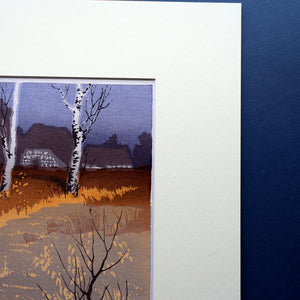 1930s Original German COLOUR WOODCUT "Silver Birches in the Twilight" by Oscar Droege. Pencil Signed