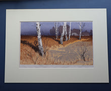 Load image into Gallery viewer, 1930s Original German COLOUR WOODCUT &quot;Silver Birches in the Twilight&quot; by Oscar Droege. Pencil Signed
