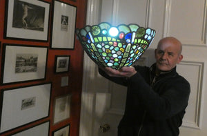 Stunning Large VICTORIAN / EDWARDIAN Antique Stained Glass Pendant Dome Shape Shade with Bronze Chains