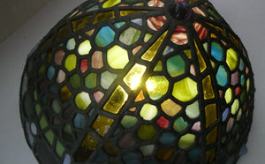 Stunning Large VICTORIAN / EDWARDIAN Antique Stained Glass Pendant Dome Shape Shade with Bronze Chains