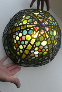 Stunning Large VICTORIAN / EDWARDIAN Antique Stained Glass Pendant Dome Shape Shade with Bronze Chains