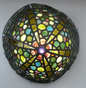 Stunning Large VICTORIAN / EDWARDIAN Antique Stained Glass Pendant Dome Shape Shade with Bronze Chains