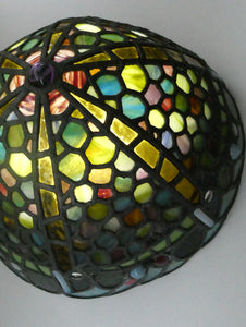 Stunning Large VICTORIAN / EDWARDIAN Antique Stained Glass Pendant Dome Shape Shade with Bronze Chains