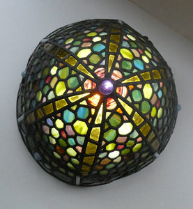 Stunning Large VICTORIAN / EDWARDIAN Antique Stained Glass Pendant Dome Shape Shade with Bronze Chains